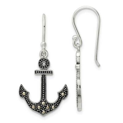 Marcasite Anchor Shepherd Hook Earrings Sterling Silver Antiqued QE15712, MPN: QE15712, 196904153574