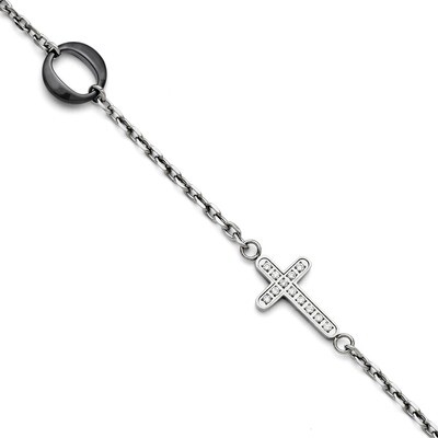Ceramic Polished Sideways Cross Cz Bracelet Stainless Steel SRB1293-7.25