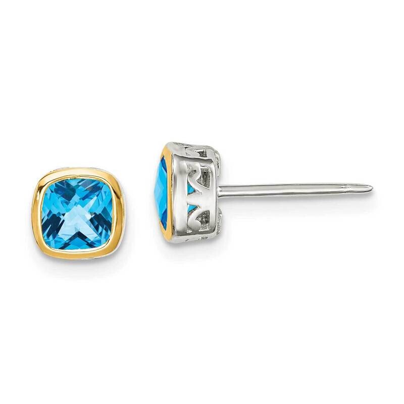Light Swiss Blue Topaz Square Stud Earrings Sterling Silver with 14k Gold Accent QTC1726