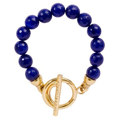 Nikki Lissoni Bracelet with Facet Round Dyed Blue Jade Beads of 10mm Gold-Plated T-Bar Closure 21cm…