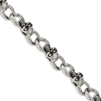 Oxidized with CZ Skulls 9in. Bracelet Stainless Steel Polished SRB1899-9 by Chisel, MPN: SRB1899-9,…