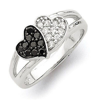 Clear &amp; Black Diamond Hearts Ring Sterling Silver Rhodium QR2759, MPN: QR2759, 883957562872