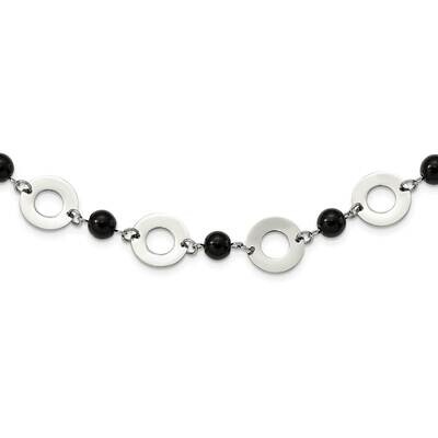 Leather with Black Agate 1.5 Inch Extension Necklace Stainless Steel Polished SRN2251-27 by Chisel,…