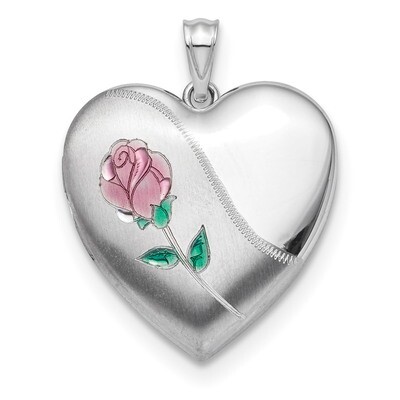 24mm Satin Enameled Diamond-cut Rose Locket Sterling Silver Rhodium-plated QLS878, MPN: QLS878, 886…