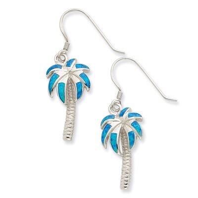 Blue Opal Inlay Palm Tree Dangle Earrings Sterling Silver QE7441, MPN: QE7441, 883957018454