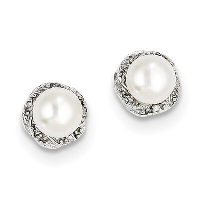 Cultured Pearl &amp; Diamond Post Earrings Sterling Silver Rhodium QDX324, MPN: QDX324, 883957554945