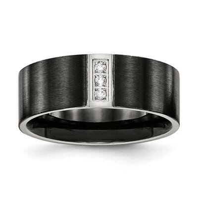 Black IP Flat Three CZ Diamond Ring Stainless Steel Brushed SR518, MPN: SR518, 191101555404