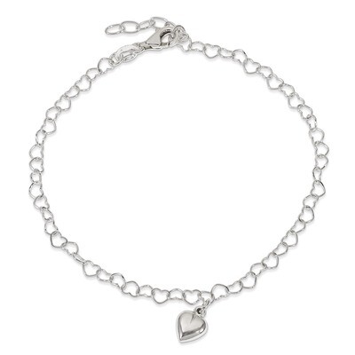 9 Inch Fancy Link Puffed Heart with &amp; Extension Anklet Sterling Silver Polished QG2794-9, MPN: QG27…
