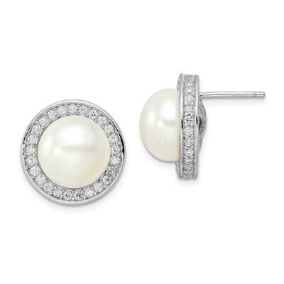 Cheryl M CZ Diamond 12mm Fw Cultured Pearl Stud Earrings Sterling Silver Rhodium-plated QCM1472, MP…