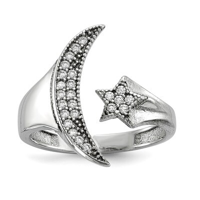 CZ Diamond Moon with Star Polished Ring Sterling Silver Rhodium-plated QR6649, MPN: QR6649, 8839573…