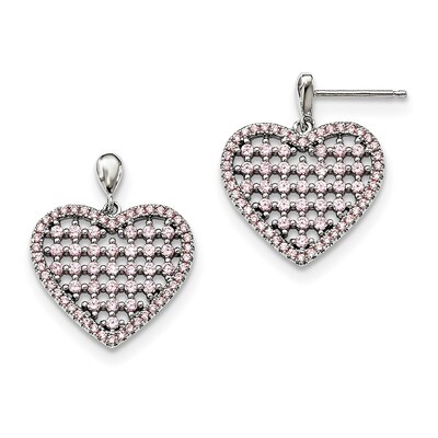 Pink CZ Heart Dangle Post Earrings Sterling Silver QMP1392, MPN: QMP1392, 191101075155