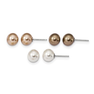8-9mm White Champagne Brown Shell Pearl 3 Earring Set Sterling Silver Rhodium QE13844SET, MPN: QE13…