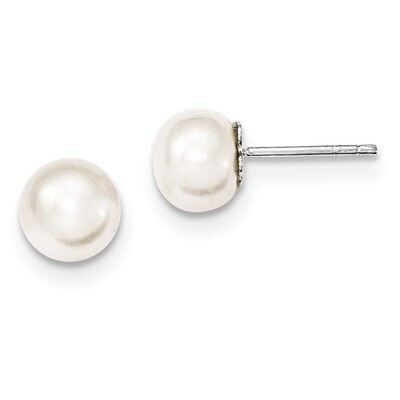 White Cultured Pearl 7-8mm Button Earrings Sterling Silver QE2038, MPN: QE2038, 191101187919