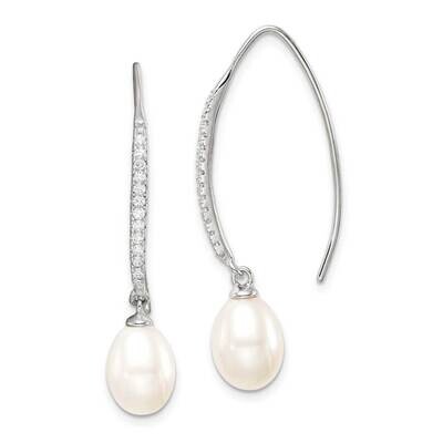 7-8mm White Rice Freshwater Cultured Pearl CZ Diamond Threader Earrings Sterling Silver Rhodium-pla…