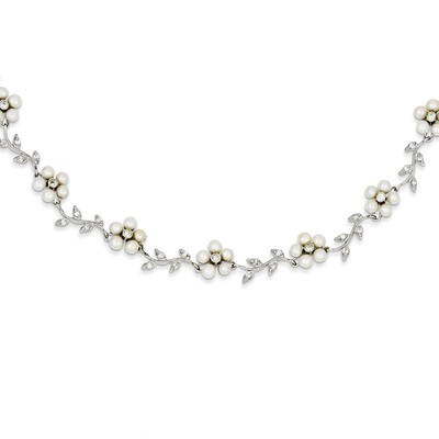 16 Inch Pearl and Diamond Floral Necklace Sterling Silver Cultured QG1805-16, MPN: QG1805-16, 19110…