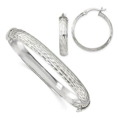 Bangle 7.5mm &amp; Hoop 5mm Earring Set Sterling Silver Diamond Cut QB1333SET, MPN: QB1333SET, 88677409…