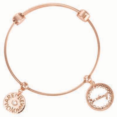 Nikki Lissoni Charm Bangle with Two Fixed Charms Be Who You Are Loving Little Hearts Rose Gold-Plat…