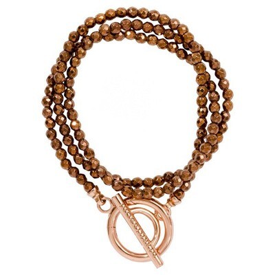 Nikki Lissoni Brown Wrap Bracelet with Facet Round Pyrite Beads of 4mm with A Rose Gold-Plated T-Ba…