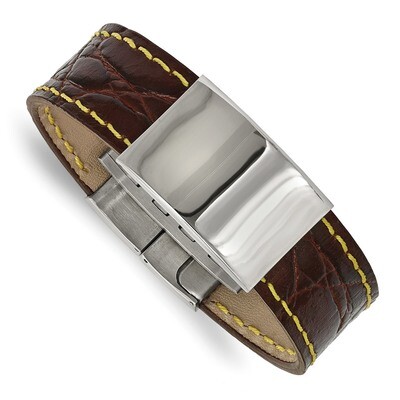 Brown Leather/Yellow Stitch ID Bracelet Stainless Steel Polished SRB2032-8.5 by Chisel, MPN: SRB203…