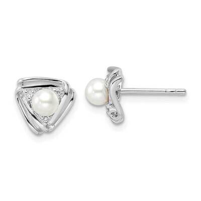Fwc Pearl and CZ Diamond Triangle Post Earrings Sterling Silver Rhodium-Plated QE15735, MPN: QE1573…