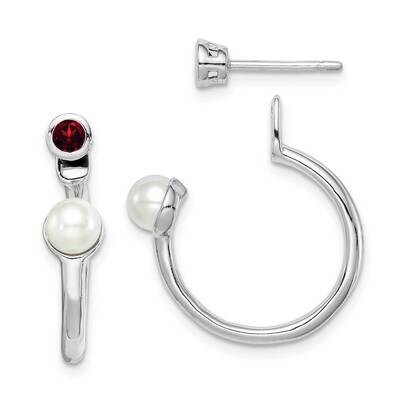 Freshwater Cultured Pearl &amp; Garnet Front &amp; Back Post Earring Sterling Silver Rhodium-plated QE14376…