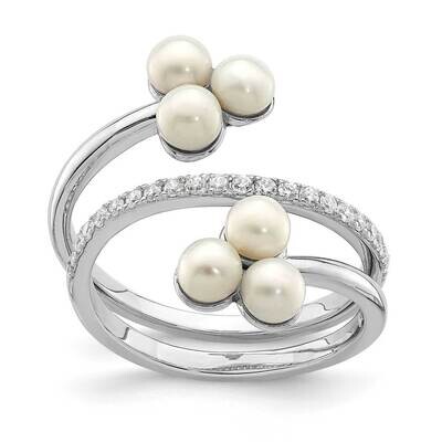 3-4mm White Button Freshwater Cultured Pearl CZ Diamond Adj. Ring Sterling Silver Rhodium Plated QR…