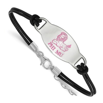 Phi Mu Enameled Oval Black Leather Bracelet - Sterling Silver SS018PHM-BK-7, MPN: SS018PHM-BK-7, 19…