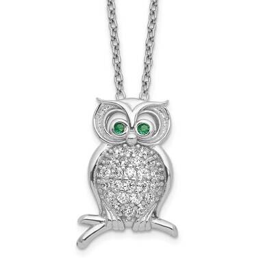 Rhodium-Plated Green Clear CZ Diamond Owl 18 Inch Necklace Sterling Silver Polished QG6165-18, MPN:…