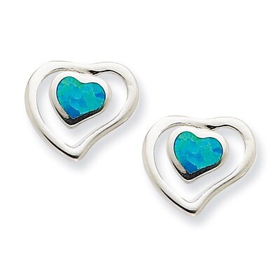 Blue Opal Inlay Center Heart Post Earrings Sterling Silver QE7440, MPN: QE7440, 883957008929