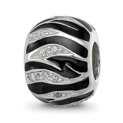 Black Enamel Striped CZ Bead Sterling Silver QRS4267, MPN: QRS4267,
