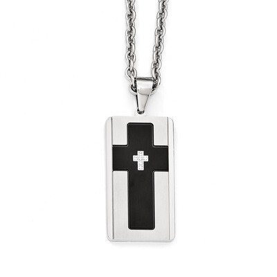 Brushed &amp; Polished Black IP-plated with Synthetic Diamond Necklace - Stainless Steel SRN1981-24 by …