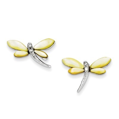 Yellow Mother of Pearl Dragonfly Earrings Diamond Sterling Silver QE3083, MPN: QE3083, 883957925158