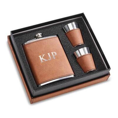 Caramel Leatherette Box with 8 oz Flask 2 Cups Gift Set GM21750, MPN: GM21750, 47105023060