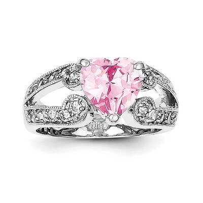 10Mm Pink and Clear CZ Heart Ring Sterling Silver QR1394-6, MPN: QR1394, 191101283598