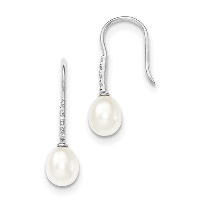 7-8mm White Freshwater Cultured Pearl CZ Diamond Dangle Earrings Sterling Silver QE12768, MPN: QE12…