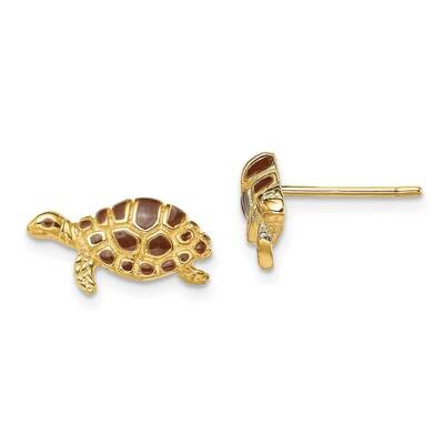 Brown Enamel Turtle Post Earrings 14k Gold TE680, MPN: TE680, 637218118007