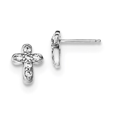 CZ Diamond Cross Children&#39;s Post Earrings Sterling Silver Rhodium-plated Polished QE12951, MPN: QE1…