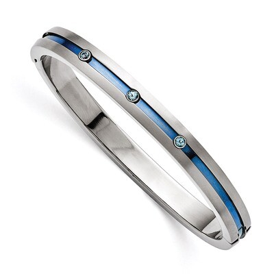 Edward Mirell Grey Titanium Brushed Blue Anodized Blue Topaz Hinged Bangle Bracelet EMB175 by Edwar…
