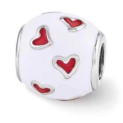Red &amp; White Enamel Heart Bead - Sterling Silver QRS3474, MPN: QRS3474, 886774613833