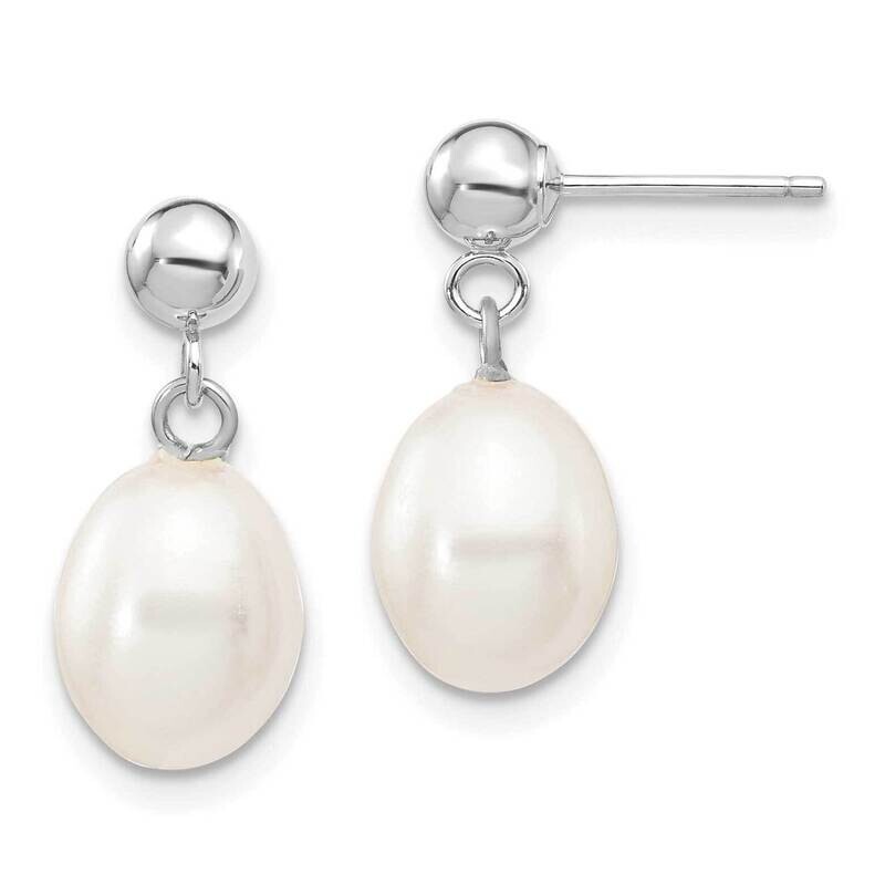 7-8mm White Rice Freshwater Cultured Pearl Dangle Post Earrings 14k White Gold XFW251E