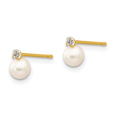 Synthetic Diamond &amp; 5mm Fresh Water Cultured Pearl Post Earrings - 14k Gold SE2367 by Madi K, MPN: …