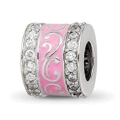Pink Enamel CZ Swirl Design Bead Sterling Silver QRS4237, MPN: QRS4237,