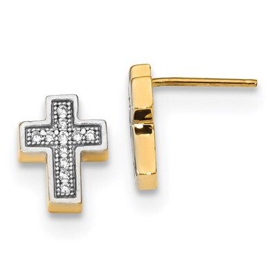 Micro Pave CZ Diamond Cross Post Earrings 14k Gold &amp; Rhodium TE663, MPN: TE663, 191101057182