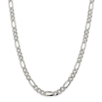 26 Inch 8mm Pave Flat Figaro Chain Sterling Silver QFF220-26, MPN: QFF220-26, 883957750941