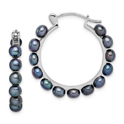 4-5mm Black Freshwater Cultured Pearl Hoop Earrings Sterling Silver Rhodium Plated QE15119, MPN: QE…
