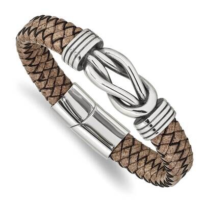 Polished Tan Leather 8 Inch Bracelet Stainless Steel Antiqued SRB2453-8, MPN: SRB2453-8, 1911018603…