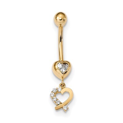 CZ Diamond 2-Hearts Dangle Belly Ring 14k Gold BD134, MPN: BD134, 883957823836