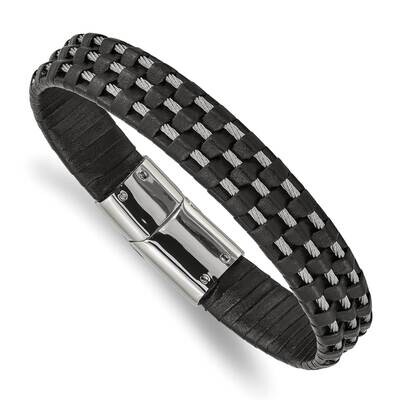 Black Leather and Wire 8.5 Inch Bracelet Stainless Steel Polished SRB2443-8.5, MPN: SRB2443-8.5, 19…