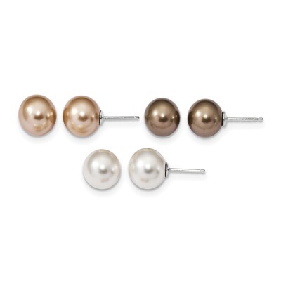10-11mm White Champagne Brown Shell Pearl Earring Set Sterling Silver Rhodium QE13846SET, MPN: QE13…