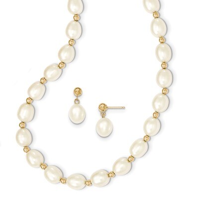 18 Inch Bead and 7-8mm Fresh Water Cultured Pearl Necklace Post Dangle Set 14k Gold XF499SET, MPN: …